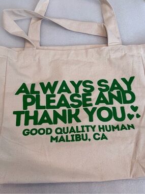 Good Quality Human Malibu CA Natural Canvas Tote Bag with Green Print